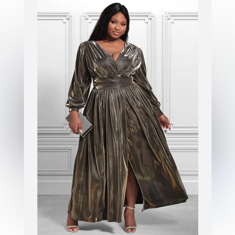 Xpluswear 3X Gold Metallic Long Sleeve Formal Split Skirt Dress V-Neck NWT